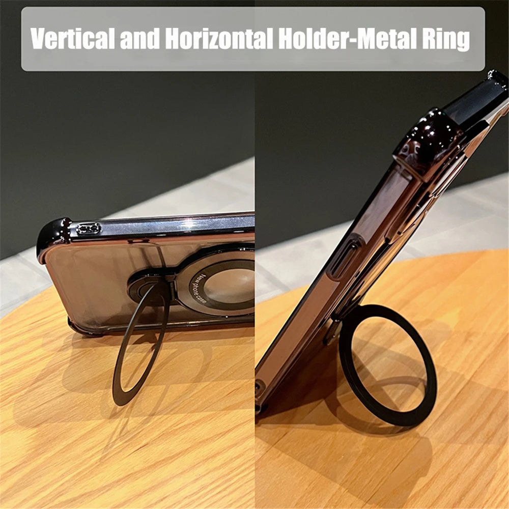 Funda transparente MagSafe para iPhone 15, 16, 14, 13, 12 y 17 Pro Max con soporte magnético antigolpes y revestimiento de lujo.