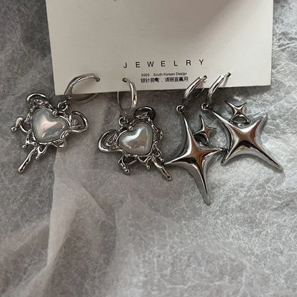 Simple Silver Color Star Earrings for Women Opal Stone Heart Hoop Earrings Punk Y2K Cute Daily Wear Jewelry Party Gifts