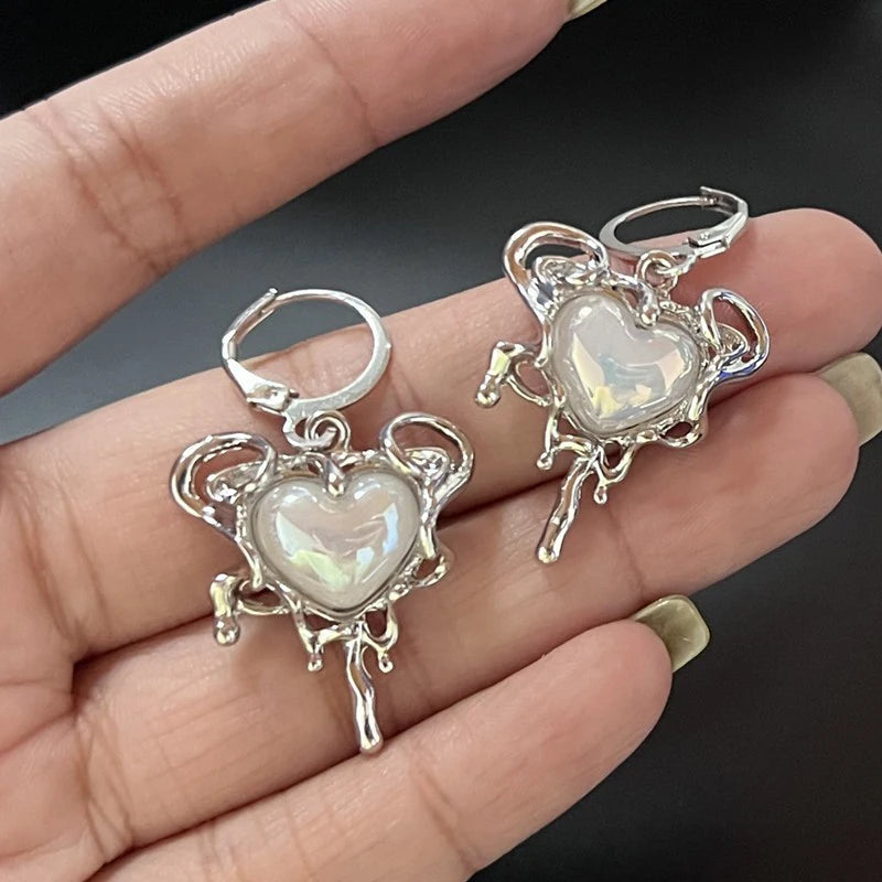 Simple Silver Color Star Earrings for Women Opal Stone Heart Hoop Earrings Punk Y2K Cute Daily Wear Jewelry Party Gifts